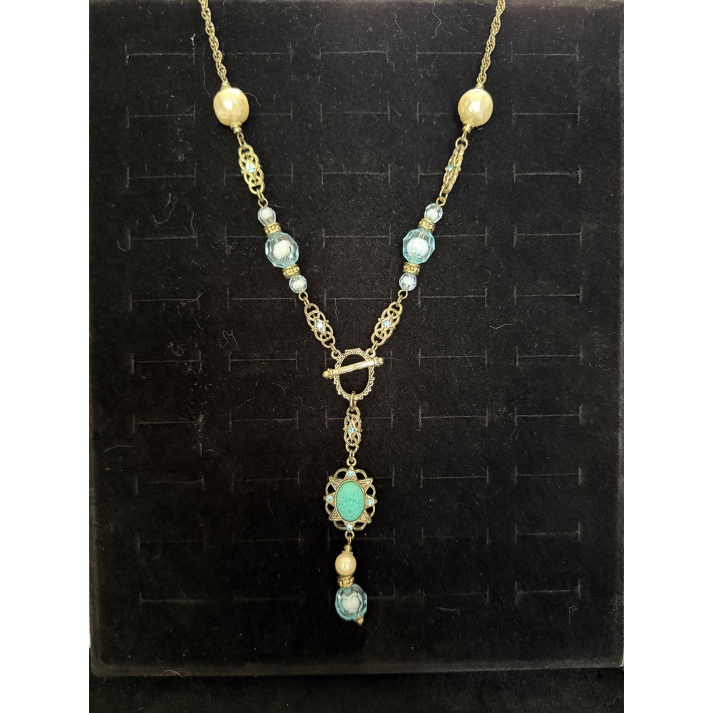 1928 Jewelry Co Gold Tone Y-Necklace Turquoise Blue Bead Faux Pearl Toggle Clasp